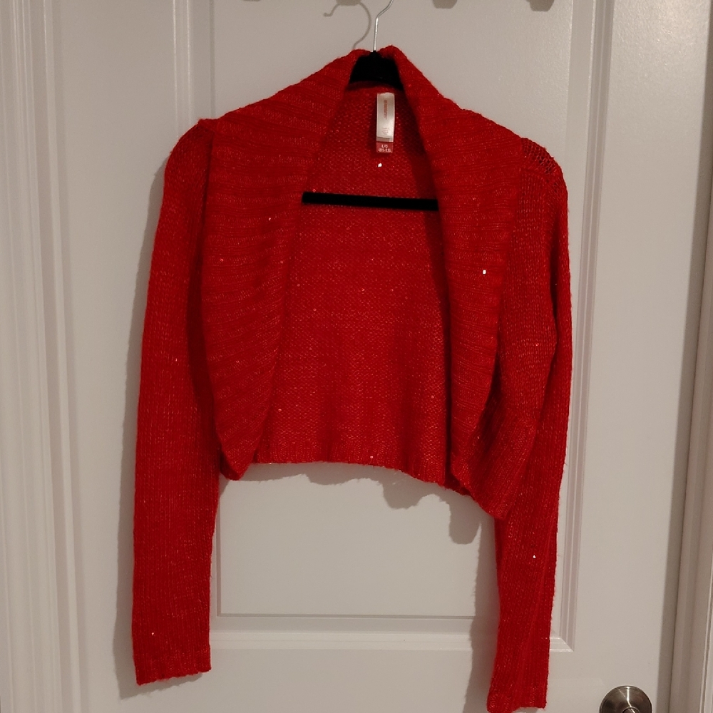 No Boundaries Cropped Vibrant Red Junior's Sparkle Cardigan Sequin Size L